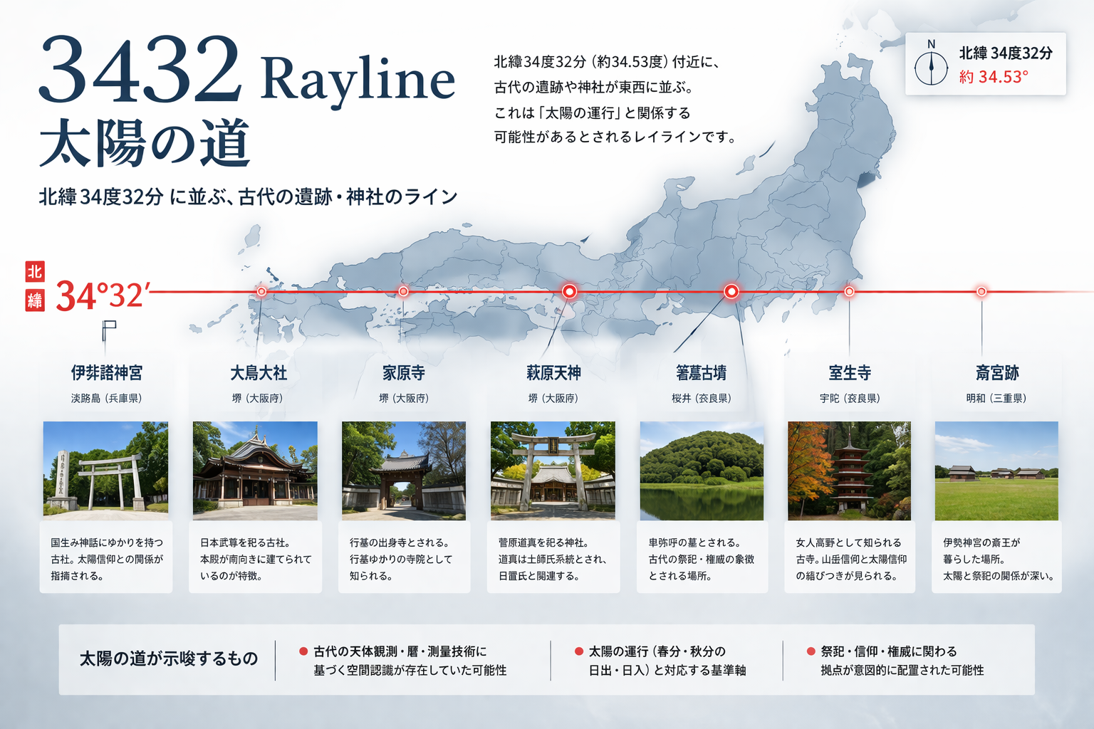 北緯34度32分「太陽の道(Ray Line)」